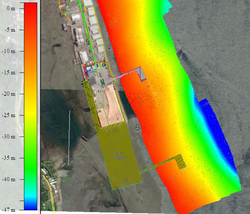 Batimetría multihaz y explanada proyectada, Bahía de Chincui